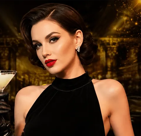 Hostess in a black halter dress holding a cocktail for Richman Casino offers